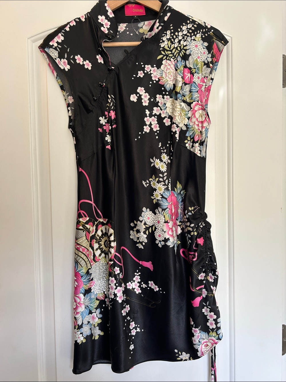 Floral Satin Mini Dress - Black & Pink